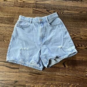 High-waisted blue denim distressed raw hem Zara shorts